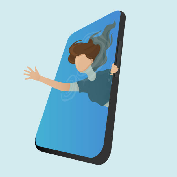A young girld is trying to break free of mobile phone addiction Young girl trying to escape from the phone sos stock illustrations