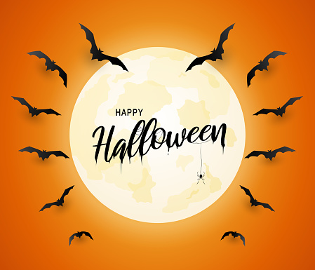 Halloween poster, orange background with flying bats and moon. Vector illustration. EPS10