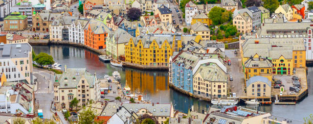 Scenic mountaintop aerial view of Bergen Norway stock photo