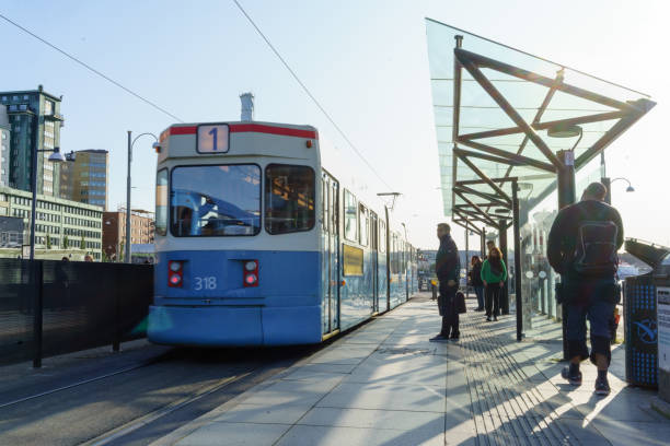 Gothenburg, Sweden - September 18, 2019: Number 1 Tram is leaving from Stenpiren Tram Stop
