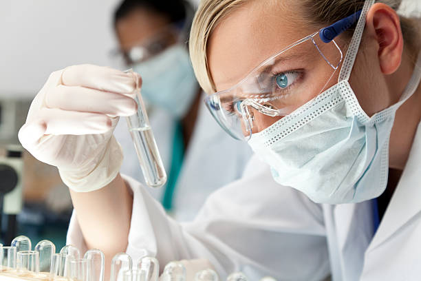 Equipa de Investigação Científica feminino com solução clara em laboratório - fotografia de stock