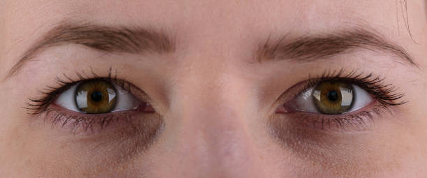 istock Open female green eyes with light makeup with brown eyebrows and black lashes. 1182980424