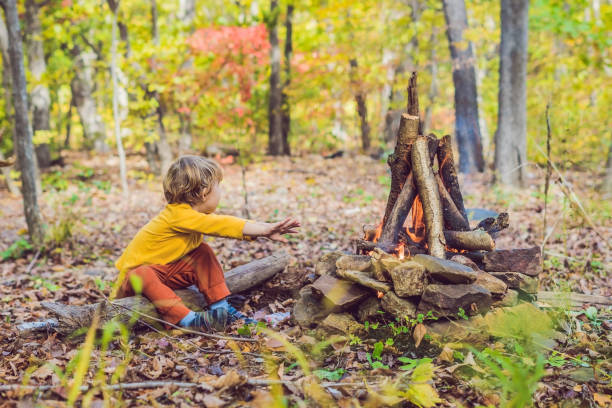 istock The boy is sitting at the camp fire 1182984268