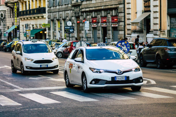 Rome Italy September 29, 2019 View of a traditional Italian taxi rolling through the streets of Rome in the morning