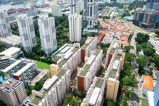 Aerial View of Colorful High-Rise Office Buildings and Apartment Complexes in Singapore