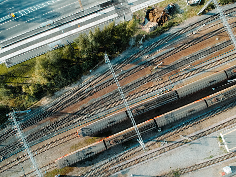 tube train depot. Aerial drone photo looking down, Diesel Engine train. Top view.