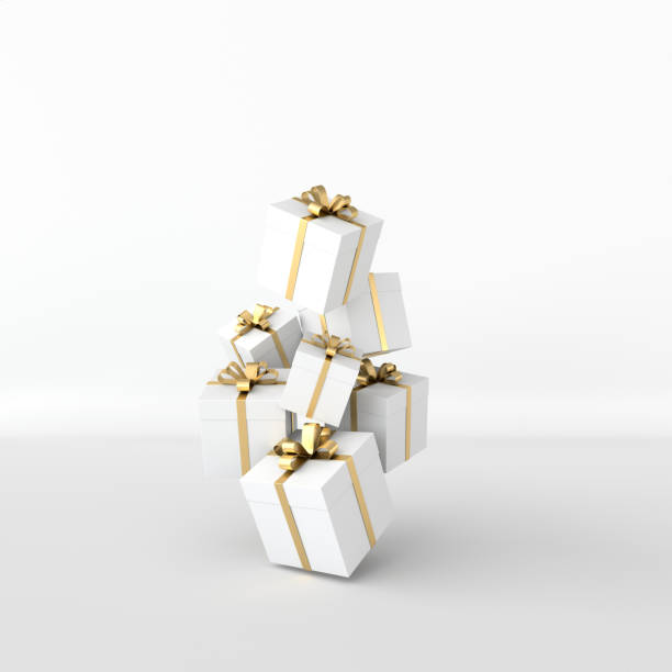 istock 3d rendering of realistic white gift box with golden ribbon bow on white background. Empty space for party, promotion social media banners, posters. 1182987562