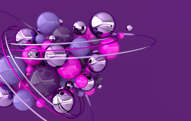 istock Colorful balls 3d rendering. Chaotic spheres geometric abstract background, primitive shapes, minimalistic design, pink and purple colors, plastic and metall 1182987567
