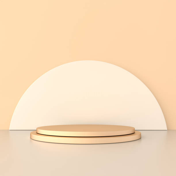 istock 3d rendered studio with geometric shapes, podium on the floor. Platforms for product presentation, mock up background. Abstract composition in minimal design, pastel and gold colors 1182987602