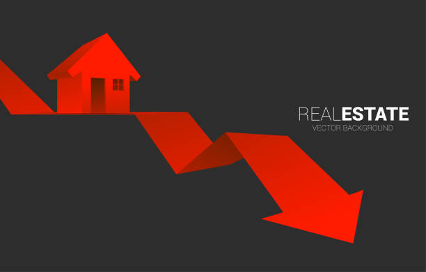 Red 3D home icon on falling down arrow. Concept of decline in real estate business and properties price deterioration stock illustrations