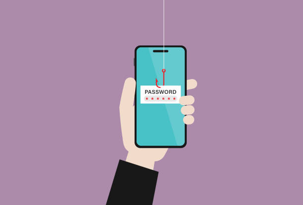 illustrazioni stock, clip art, cartoni animati e icone di tendenza di l'hacker usa un gancio da pesca rosso sta rubando password su un telefono cellulare - fishing worm