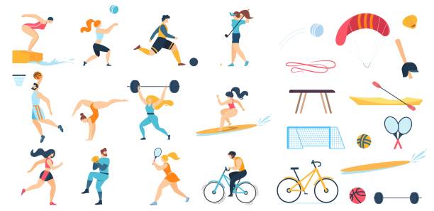 Sportive People Characters Set and Sport Equipment Sportive People Characters Set and Sport Equipment. Men Women Workout. Playing Golf, Tennis Basketball, Volleyball, Football, Baseball, Cycling, Diving, Lifting Weights, Surfing. Vector Illustration person diving into water stock illustrations