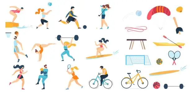 Vector illustration of Sportive People Characters Set and Sport Equipment