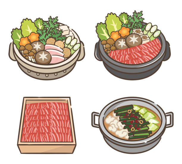 Set of hot pot with meat with Vegetable. vector art illustration