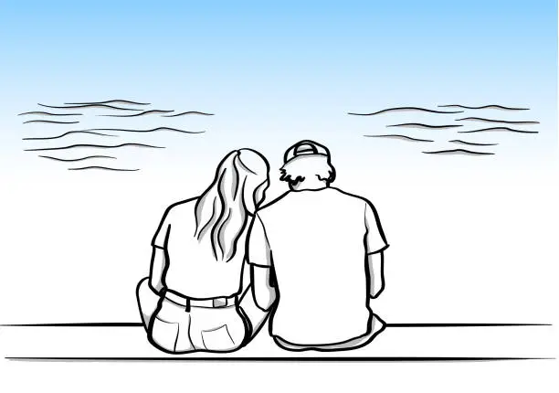 Vector illustration of Highschool Boyfriend And Girlfriend Sitting