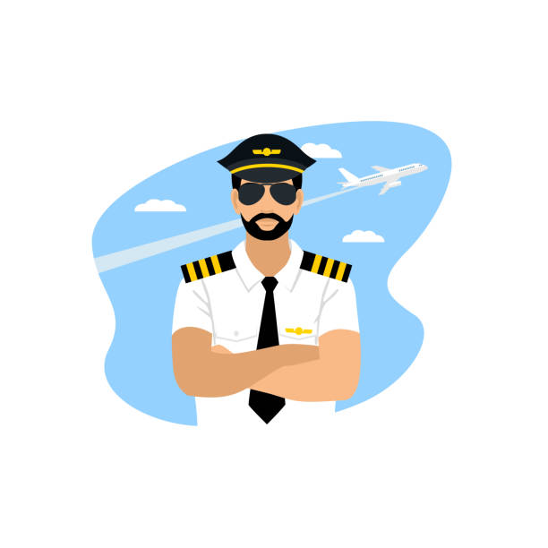 ilustraciones, imágenes clip art, dibujos animados e iconos de stock de piloto de aerolínea en gafas de sol y uniforme - one person adult air vehicle commercial airplane