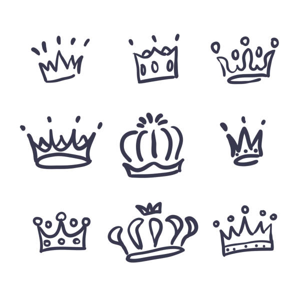 Sketch crown. Simple crowns hand drawn. vector Sketch crown. Simple graffiti crowning, elegant queen or king crowns hand drawn. Royal imperial coronation symbols, monarch majestic jewel tiara isolated icons vector illustration set ruler doodle stock illustrations