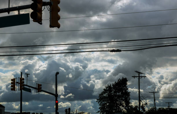 istock Thunderstorm clouds above a grove of trees with road in dramatic stormy clouds 1183006781