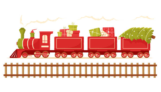 クリスマス列車はクリスマスツリーを運ぶ。ホリデーカード、タグ、グリーティングカードのためのクリスマスおもちゃの機関車 - steam engine点のイラスト素材／クリップアート素材／マンガ素材／アイコン素材