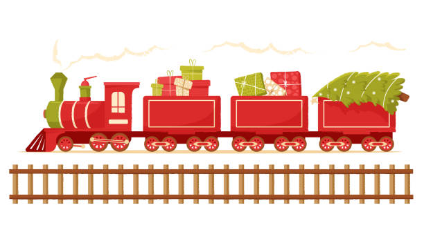 stockillustraties, clipart, cartoons en iconen met kerst trein draagt een kerstboom. kerst speelgoed locomotief voor vakantie kaarten, tags en wenskaarten - trein