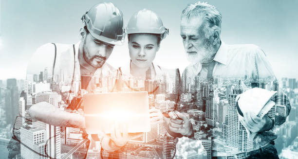 Future building construction engineering project. Future building construction engineering project concept with double exposure graphic design. Building engineer, architect people or construction worker working with modern civil equipment technology. dv stock pictures, royalty-free photos & images