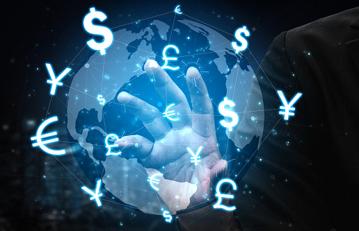 Currency Exchange Global Foreign Money Finance - International forex market with different world currency symbol conversion.