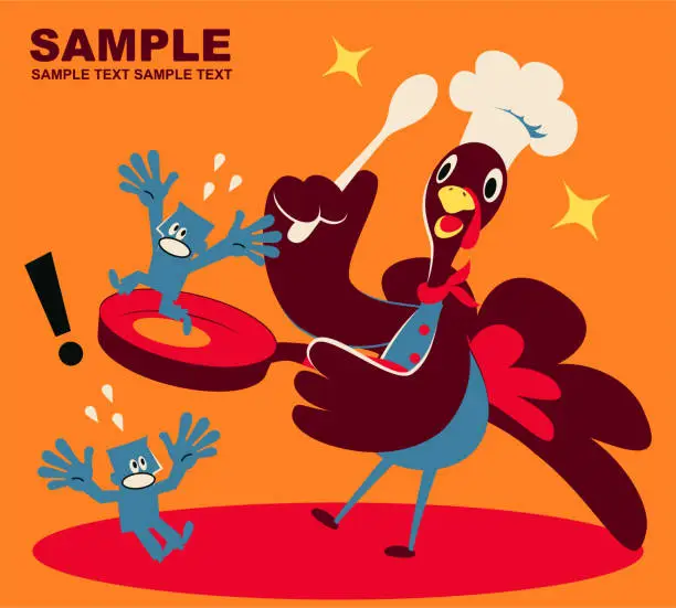 Vector illustration of Giant turkey chef cooking blue man in a pan on traditional Thanksgiving Day