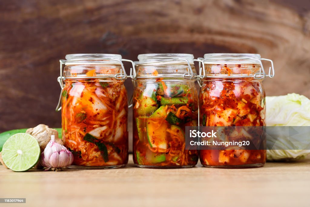Various kimchi in jar, Korean food Various kimchi (kimchi cabbage, cucumber and radish) in jar, Korean food Kimchee Stock Photo