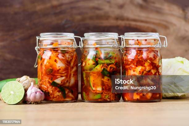 Various Kimchi In Jar Korean Food Stock Photo - Download Image Now - Kimchee, Fermenting, Food