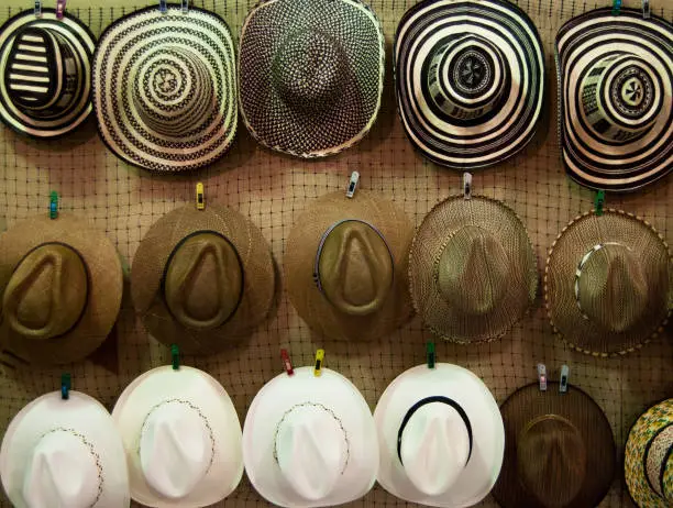 A collection of typical colombian hat called sombrero vueltiao. Carribbean hat