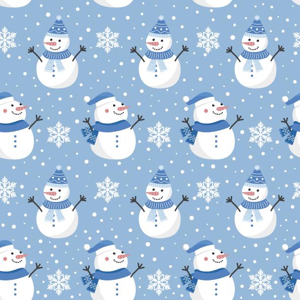 illustrations, cliparts, dessins animés et icônes de modèle sans couture de noel avec le bonhomme de neige sur le fond frais, modèle d'hiver avec des flocons de neige, papier d'emballage, remplissages de modèle, salutations d'hiver, fond de page web, cartes de voeux de noel et de nouvel an - snowman pattern