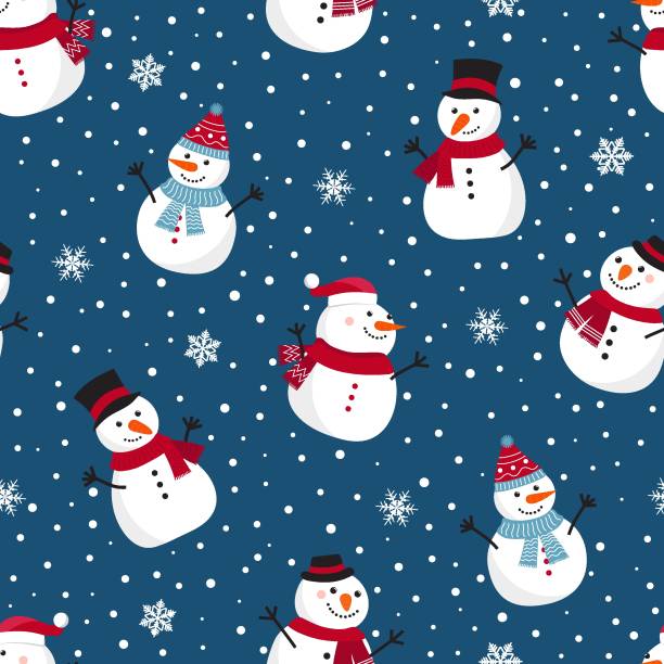 illustrations, cliparts, dessins animés et icônes de modèle sans couture de noel avec le bonhomme de neige sur le fond bleu, modèle d'hiver avec des flocons de neige, papier d'emballage, remplissages de modèle, salutations d'hiver, fond de page web, cartes de voeux de noel et de nouvel an - snowman pattern