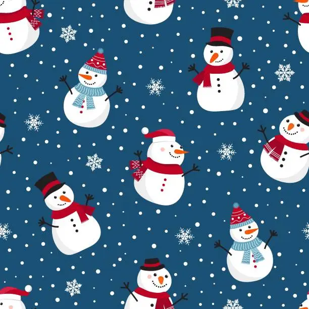 Vector illustration of Christmas seamless pattern with snowman on blue background, Winter pattern with snowflakes, wrapping paper, pattern fills, winter greetings, web page background, Christmas and New Year greeting cards