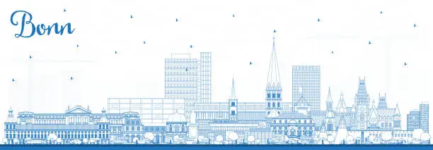 Vector illustration of Outline Bonn Germany City Skyline with Blue Buildings.