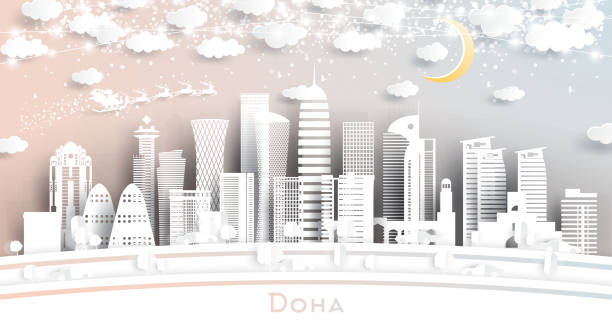 доха катар сити скайлайн в стиле paper cut со снежинками, луной и неоновой гирляндой. - qatar stock illustrations