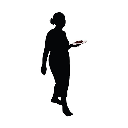 woman holding a plate and walking body silhouette vector