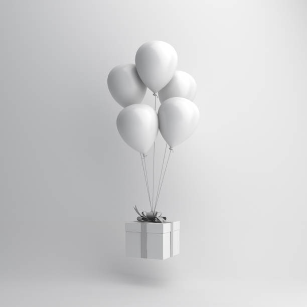 Winter abstract background, Design creative concept, flying balloon and gift box on white. Copy space text area.