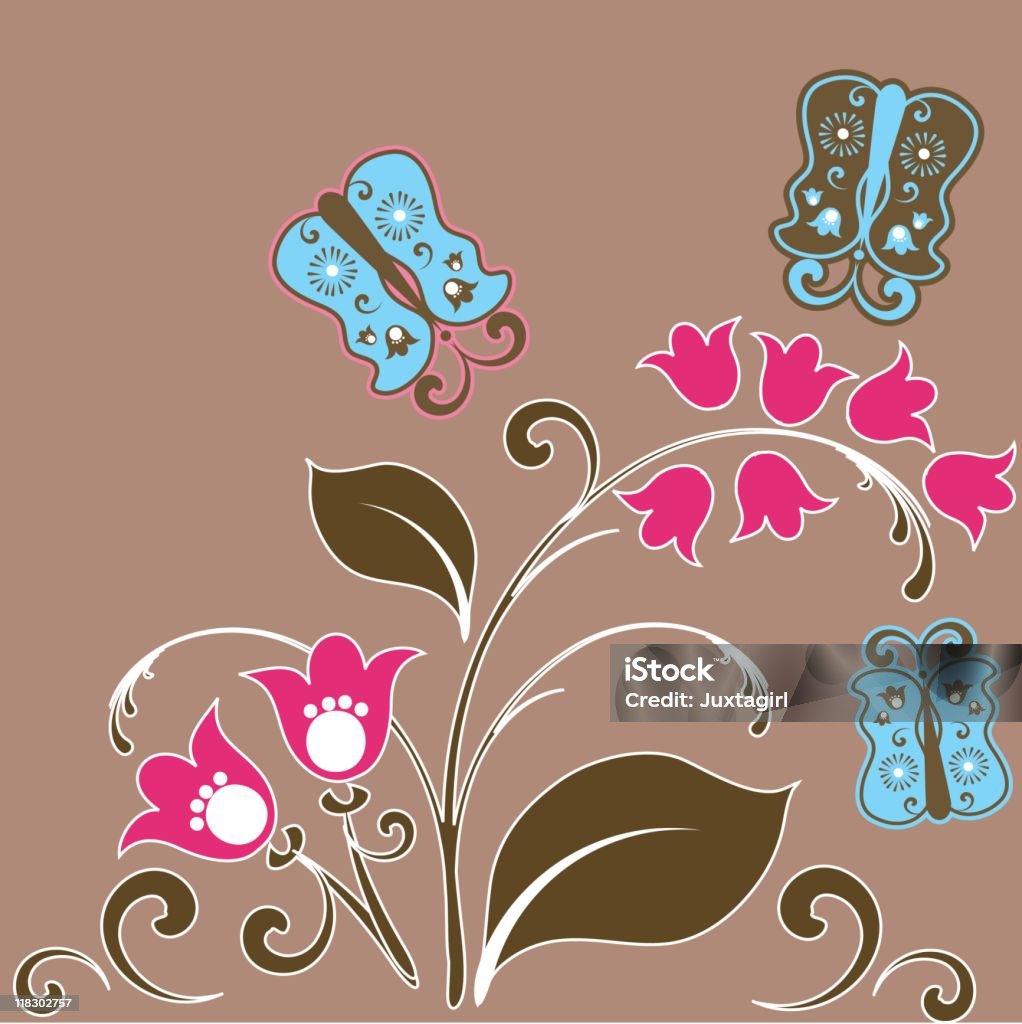 Farfalle con foglie e fiori - arte vettoriale royalty-free di Blu
