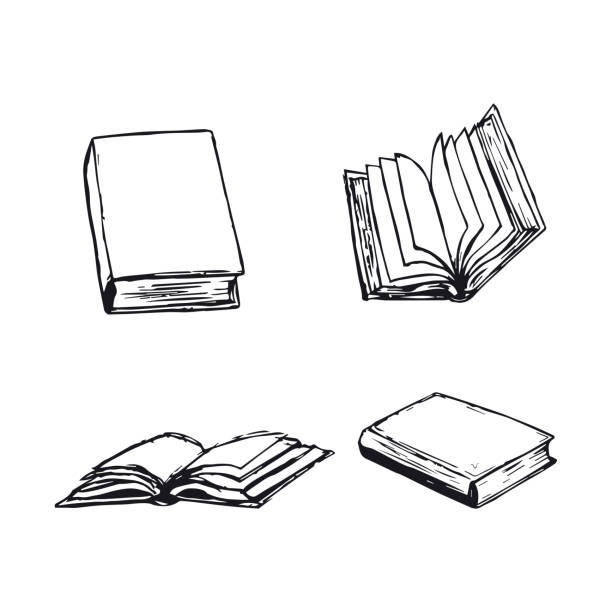 illustrations, cliparts, dessins animés et icônes de livres dessinés à la main illustrations ensemble. journal ouvert, manuel de bibliothèque avec des pages vides d'isolement sur le fond blanc. carnet ou livre fermé. lecture littéraire. - white background square close up office supply