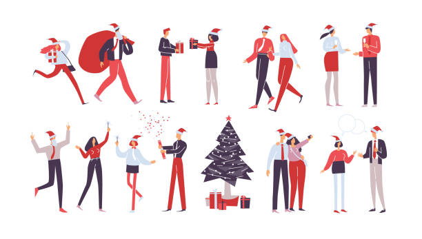 Set of workers. Christmas corporate party. Holiday vector illustration isolated Christmas set. People make merry together around Christmas tree. Collection of Happy workers having fun at corporate party. Company celebrates new year. Holiday vector illustration isolated on white office christmas party stock illustrations