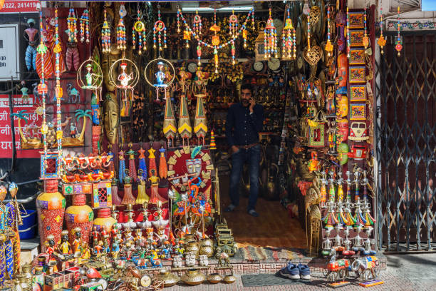 Souvenir shop with tradition souvenirs in market. Udaipur. India stock photo