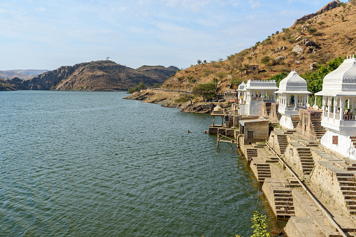 Udaipur, India - February 18, 2019: Lake Badi is artificial fresh water lake near Udaipur. Rajasthan