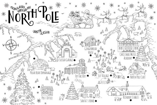 Christmas map with Santa Claus Fantasy map of the North Pole, showing the home and toy factory of Santa Claus, reindeer stables, elf village etc. - vintage Christmas greeting card template north pole stock illustrations