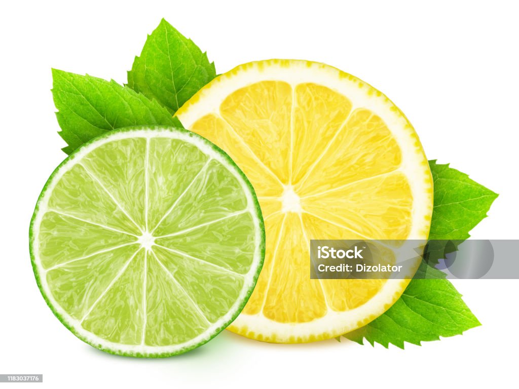 Fresh composition with slices of different citrus fruits and mint isolated on a white background. Fresh composition with slices of different citrus fruits and mint isolated on a white background in full depth of field with clipping path. Lemon - Fruit Stock Photo