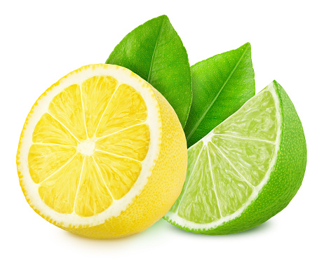 Multicolored composition with slices of sour citrus fruits - lime and lemon isolated on a white background in full depth of field with clipping path.