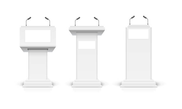 istock Realistic Detailed 3d White Blank Podium Tribune Debate or Stage Stand Template Mockup Set. Vector 1183037240