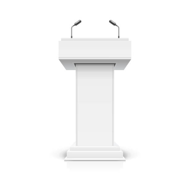 istock Realistic Detailed 3d White Blank Podium Tribune Debate or Stage Stand Template Mockup. Vector 1183037243