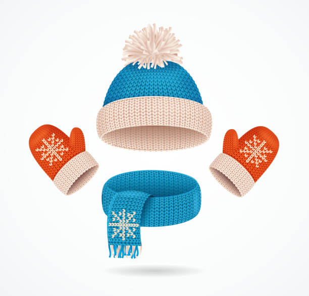 Realistic 3d Detailed Hat, Scarf and Mittens Set. Vector Realistic 3d Detailed Hat, Blue Scarf and Red Mittens with Snowflake Set. Vector illustration of Winter Fashion Warm Garment beanie hat stock illustrations