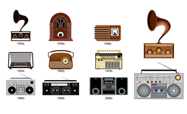 illustrazioni stock, clip art, cartoni animati e icone di tendenza di set di vecchia linea del tempo del transistor radio vintage. - radio