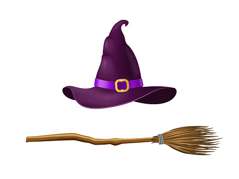 Realistic 3d Detailed Witch Hat and Broom Set Symbol of Black Magic. Vector illustration of Accessories for Halloween